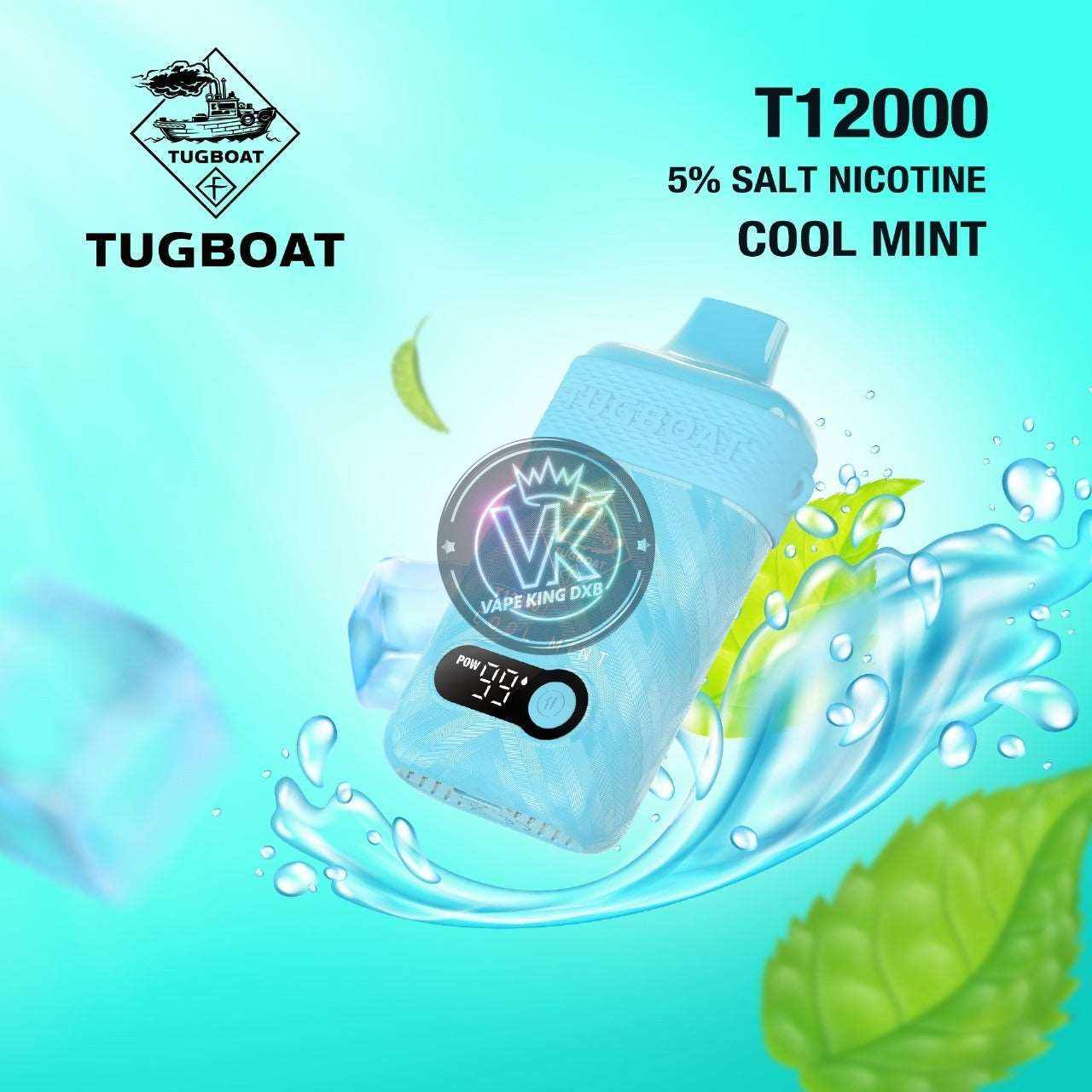 Tugboat T12000 rechargeable disposable vape in cool mint flavor with 5% salt nicotine and digital display screen against a blue background with water splash and mint leaves.