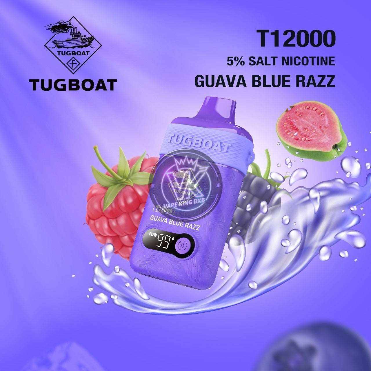 Tugboat T12000 rechargeable disposable vape in guava blue razz flavor with 5% salt nicotine and digital display on purple background