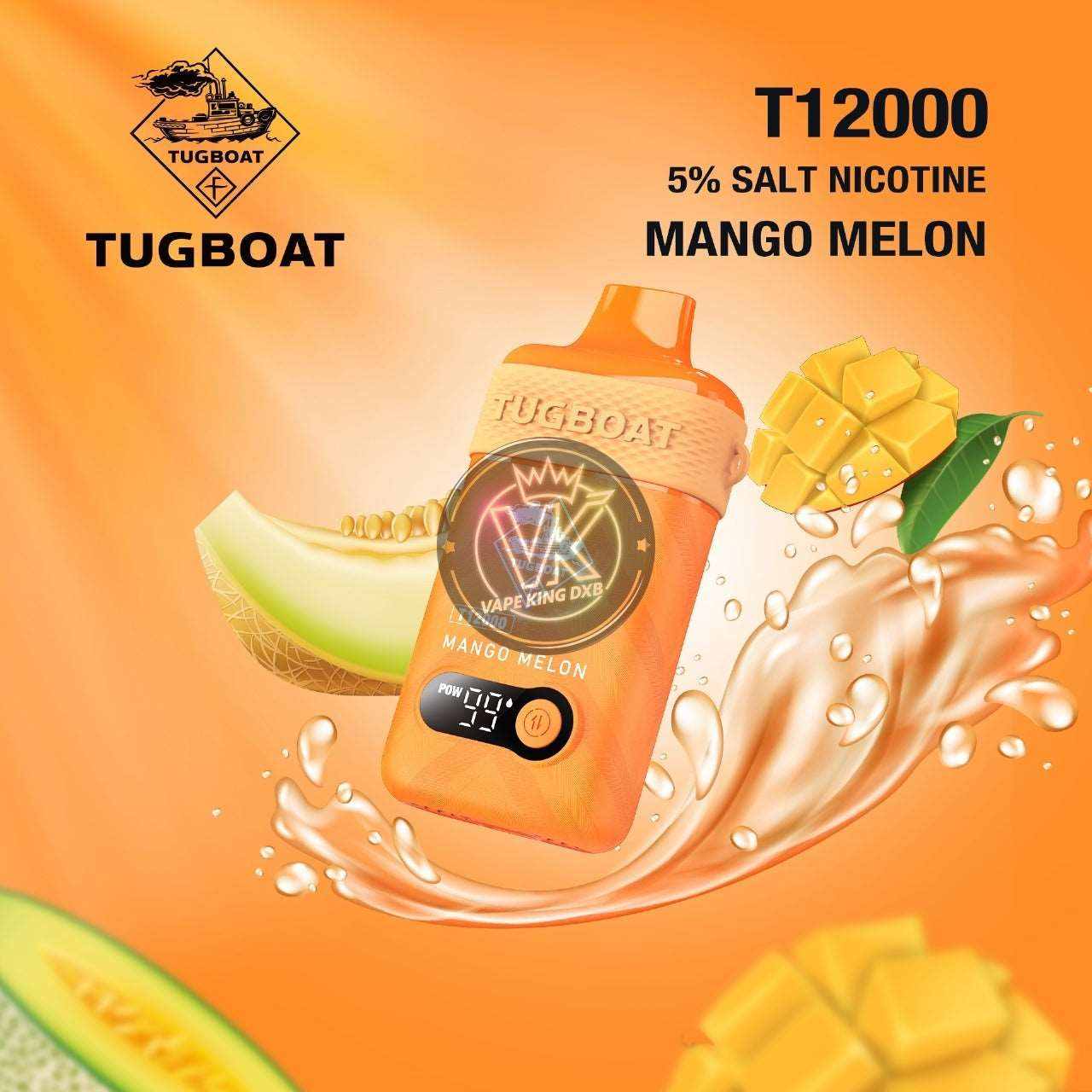 Tugboat T12000 disposable vape in mango melon flavor with 5% salt nicotine and puff counter display on orange background