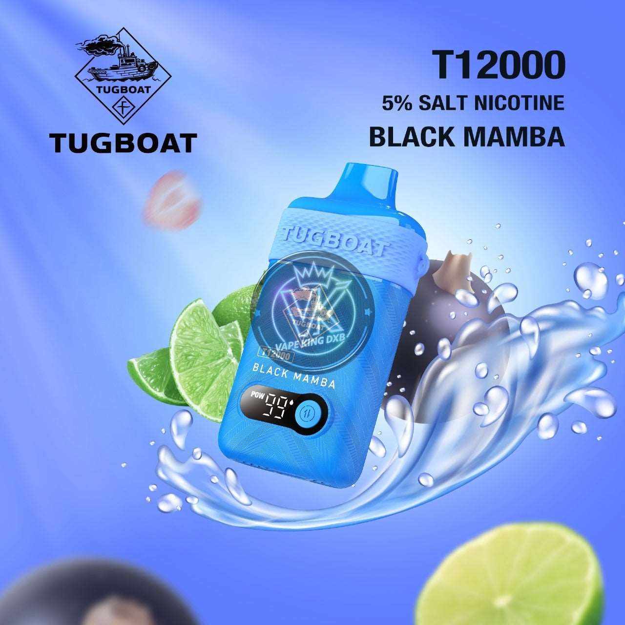 Tugboat T12000 rechargeable disposable vape in blue with Black Mamba flavor and digital display showing puff count and battery life