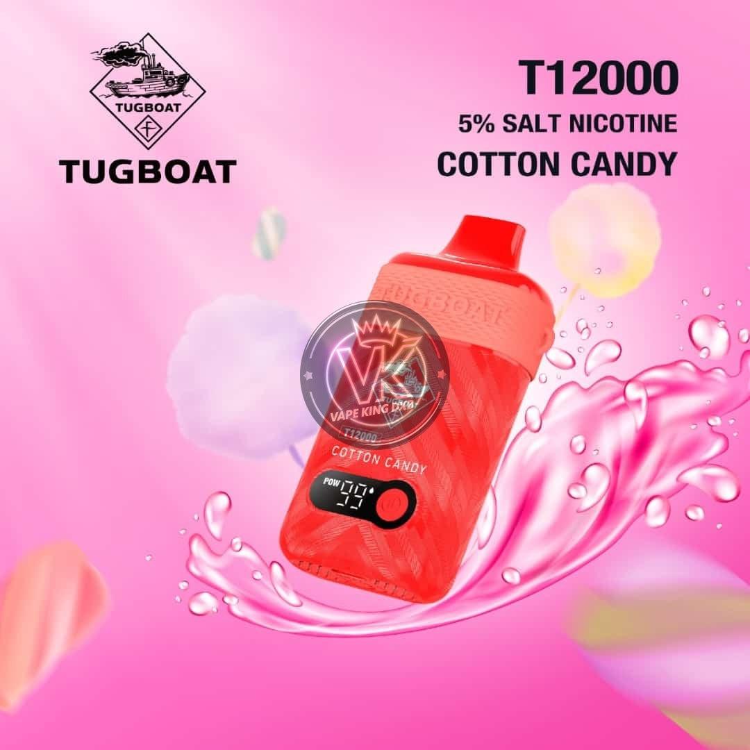 Tugboat T12000 rechargeable disposable vape in cotton candy flavor with 5% salt nicotine and digital puff counter on pink background