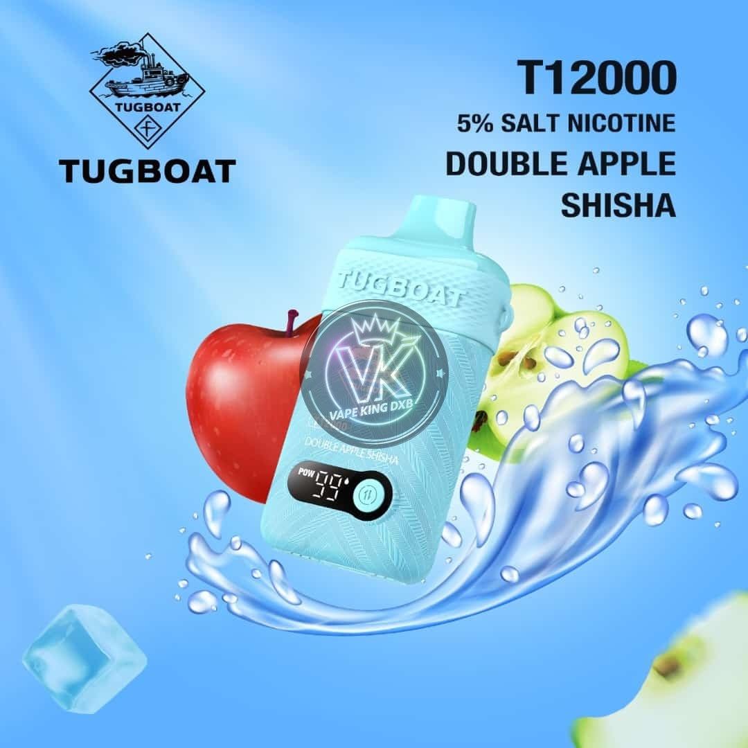 Tugboat T12000 rechargeable disposable vape in double apple shisha flavor with 5% salt nicotine and digital display on light blue background