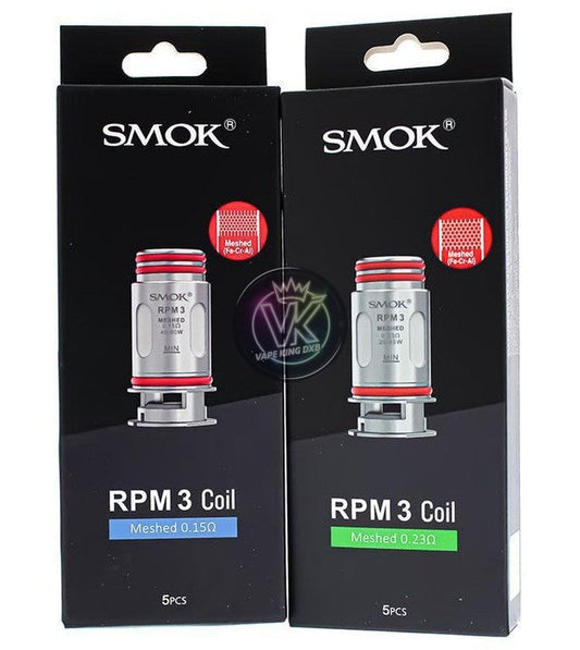 SMOK RPM 3 Replacement Coil 5pcs pack with 0.15Ω and 0.23Ω meshed coil options for enhanced flavor and vapor production.