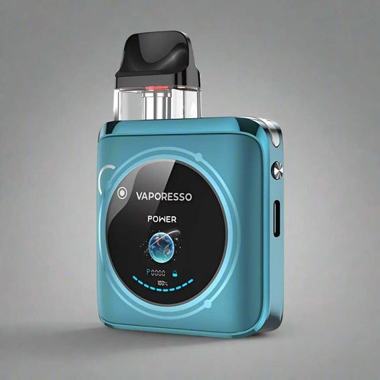 Vaporesso XROS Nano 4 compact blue portable vape device with digital power display and mouthpiece