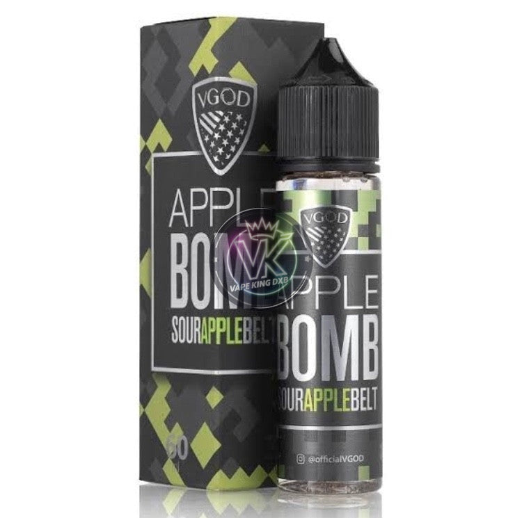 VGOD Apple Bomb 60ml e-liquid bottle and packaging with sour apple belt flavor and menthol coolness
