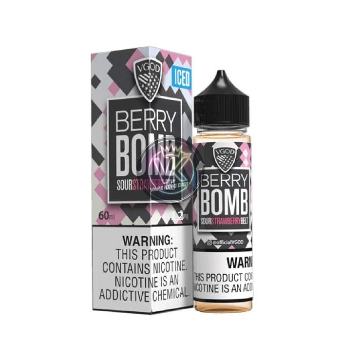 VGOD BERRY BOMB 60ML e-liquid with sour strawberry belt flavor and nicotine options in a pink checkered box