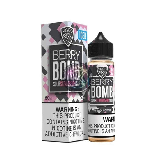 VGOD BERRY BOMB 60ML e-liquid with sour strawberry belt flavor and nicotine options in a pink checkered box