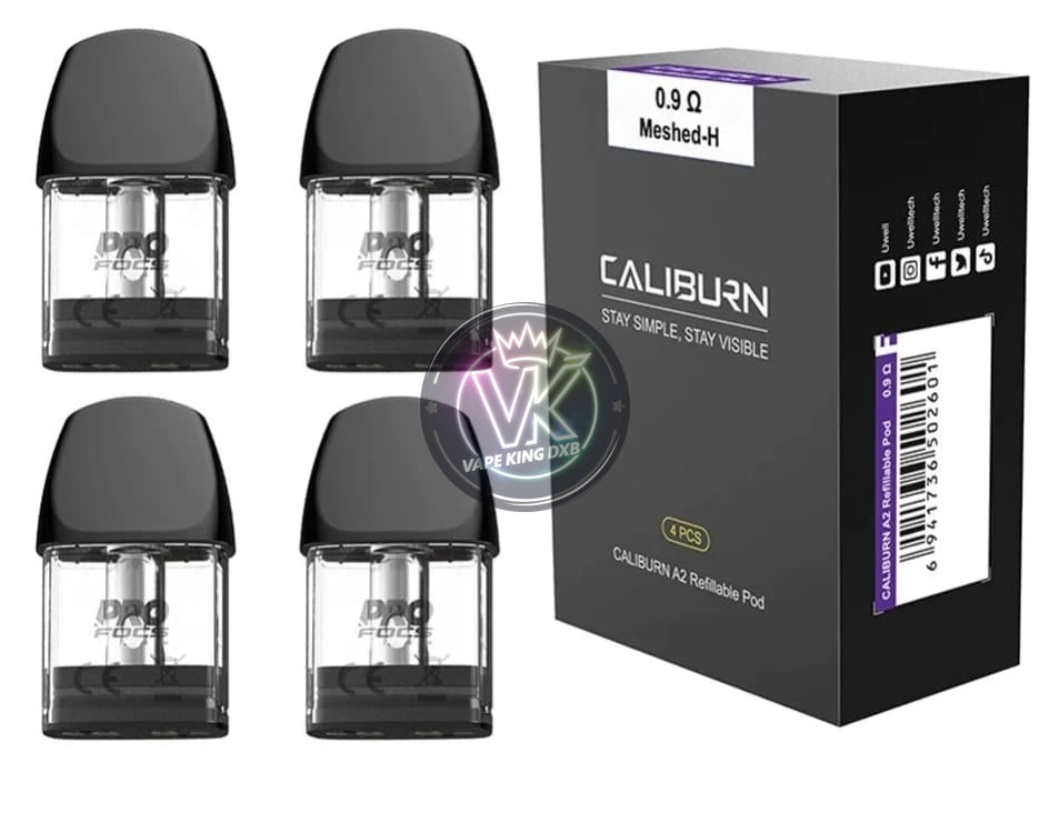 Uwell Caliburn A2 0.9 ohm Meshed-H replacement pods with 4-pack and black packaging for enhanced vaping flavor and performance