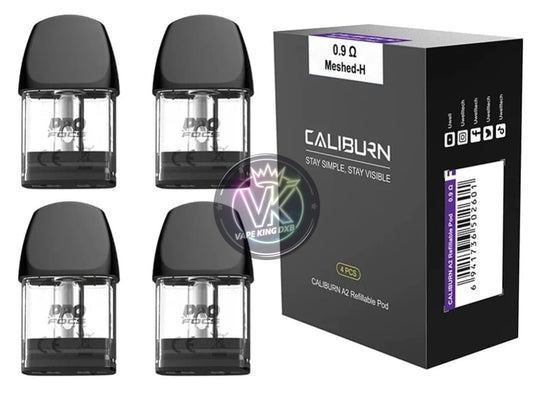 Uwell Caliburn A2 0.9 ohm Meshed-H replacement pods with 4-pack and black packaging for enhanced vaping flavor and performance