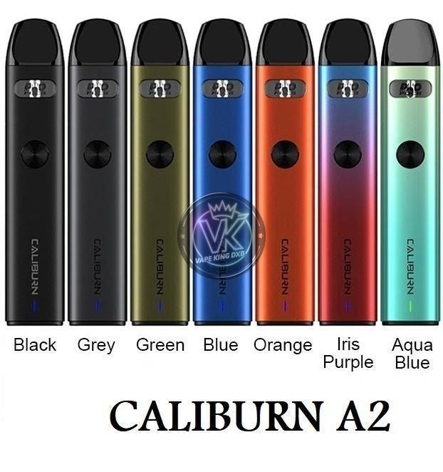 Uwell Caliburn A2 pod kits in multiple colors including black, grey, green, blue, orange, iris purple, and aqua blue with sleek design and button activation.