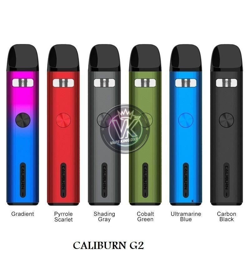 Uwell Caliburn G2 Pod Kit 750mAh vape devices in gradient, scarlet, gray, green, blue, and black colors with refillable pods and adjustable airflow.