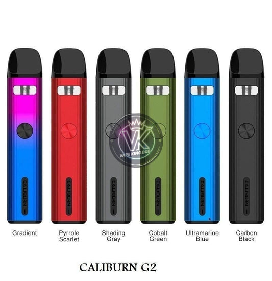 Uwell Caliburn G2 Pod Kit 750mAh vape devices in gradient, scarlet, gray, green, blue, and black colors with refillable pods and adjustable airflow.