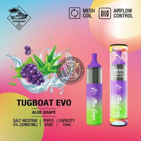 Tugboat Evo 4500 Puffs disposable vape pen with aloe grape flavor and 5% nicotine, featuring mesh coil and airflow control.