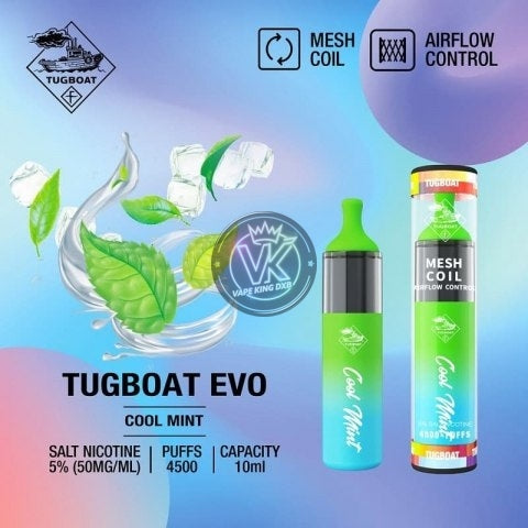 Tugboat Evo 4500 Puffs disposable vape with 5% nicotine, cool mint flavor, mesh coil, airflow control, and 10ml capacity.