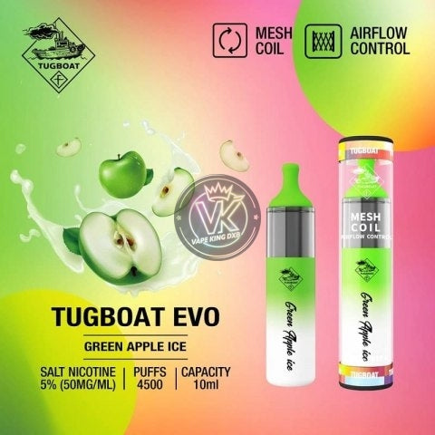 Tugboat Evo 4500 Puffs disposable vape with 5% nicotine and green apple ice flavor featuring mesh coil and airflow control.
