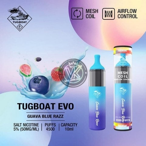 Tugboat Evo 4500 Puffs disposable vape with guava blue razz flavor, 5% nicotine salt, mesh coil, and airflow control.