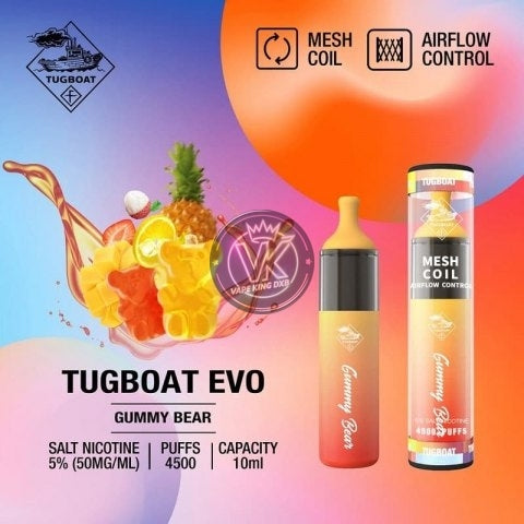 Tugboat Evo 4500 Puffs disposable vape with 5% nicotine, gummy bear flavor, mesh coil, and airflow control.