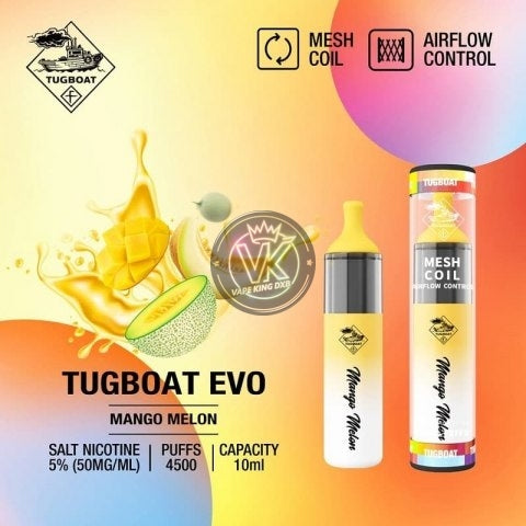 Tugboat Evo 4500 Puffs disposable vape in mango melon flavor with 5% nicotine, mesh coil, and airflow control.