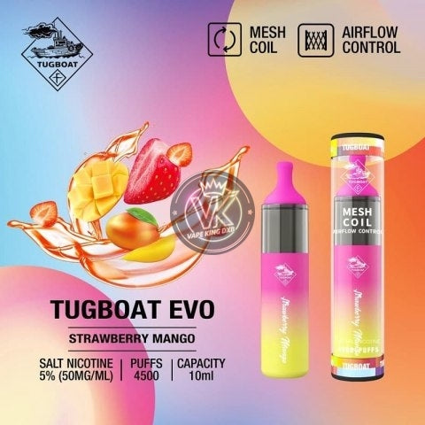 Tugboat Evo 4500 Puffs disposable vape with 5% nicotine, strawberry mango flavor, mesh coil, and airflow control.
