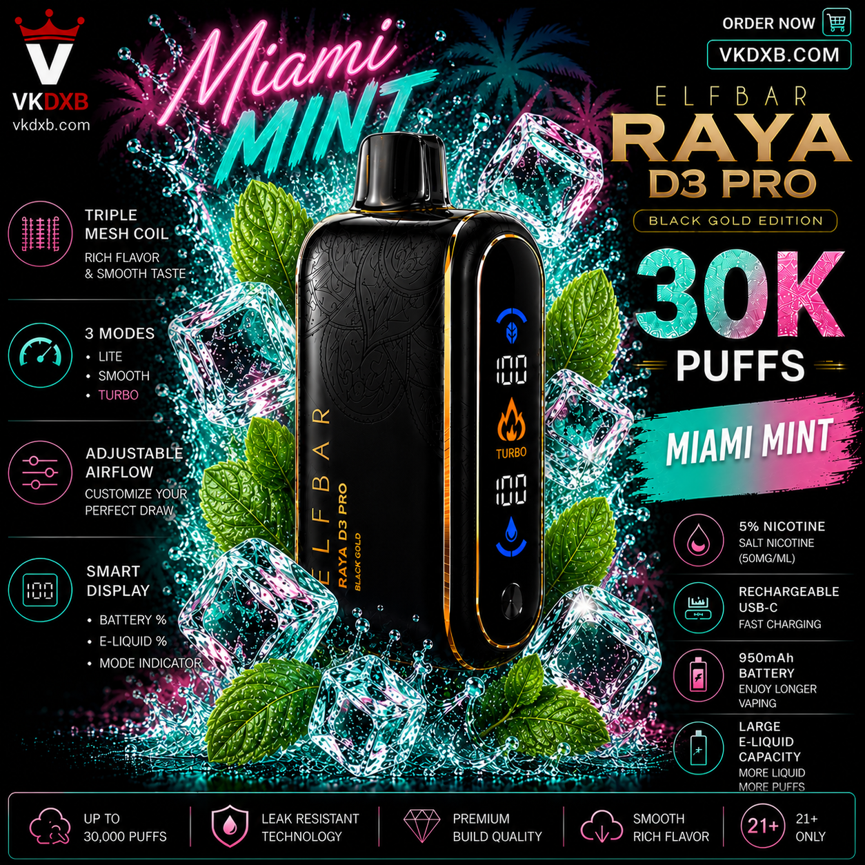 Elf Bar Raya D3 Pro 30000 puffs Miami Mint flavor