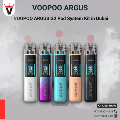 VOOPOO Argus G2 pod kit in Spray Black, Aurora Purple, Iris Blue and Pearl White colours — available in Dubai UAE