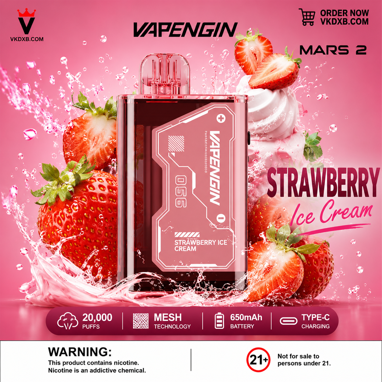 Vapengin Mars 2 Strawberry Ice Cream 20000 Puffs Disposable Vape Dubai UAE
