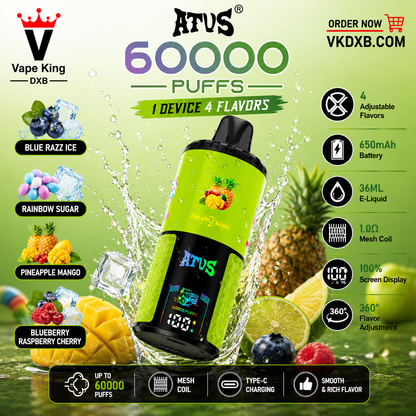 ATVS 60000 Puffs vape digital display showing battery and e-liquid level