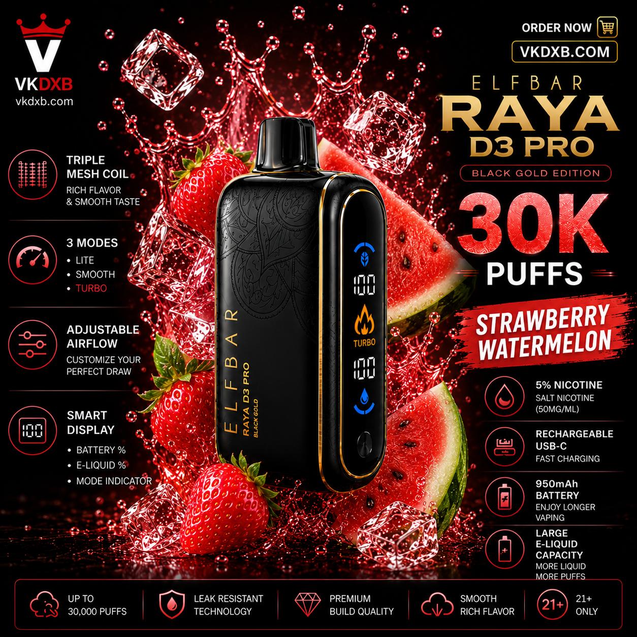 Elf Bar Raya D3 Pro 30000 puffs Blueberry Raspberry Watermelon flavor