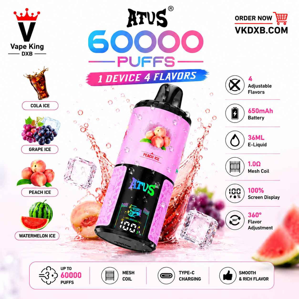 ATVS 60000 Puffs rechargeable disposable vape - front view