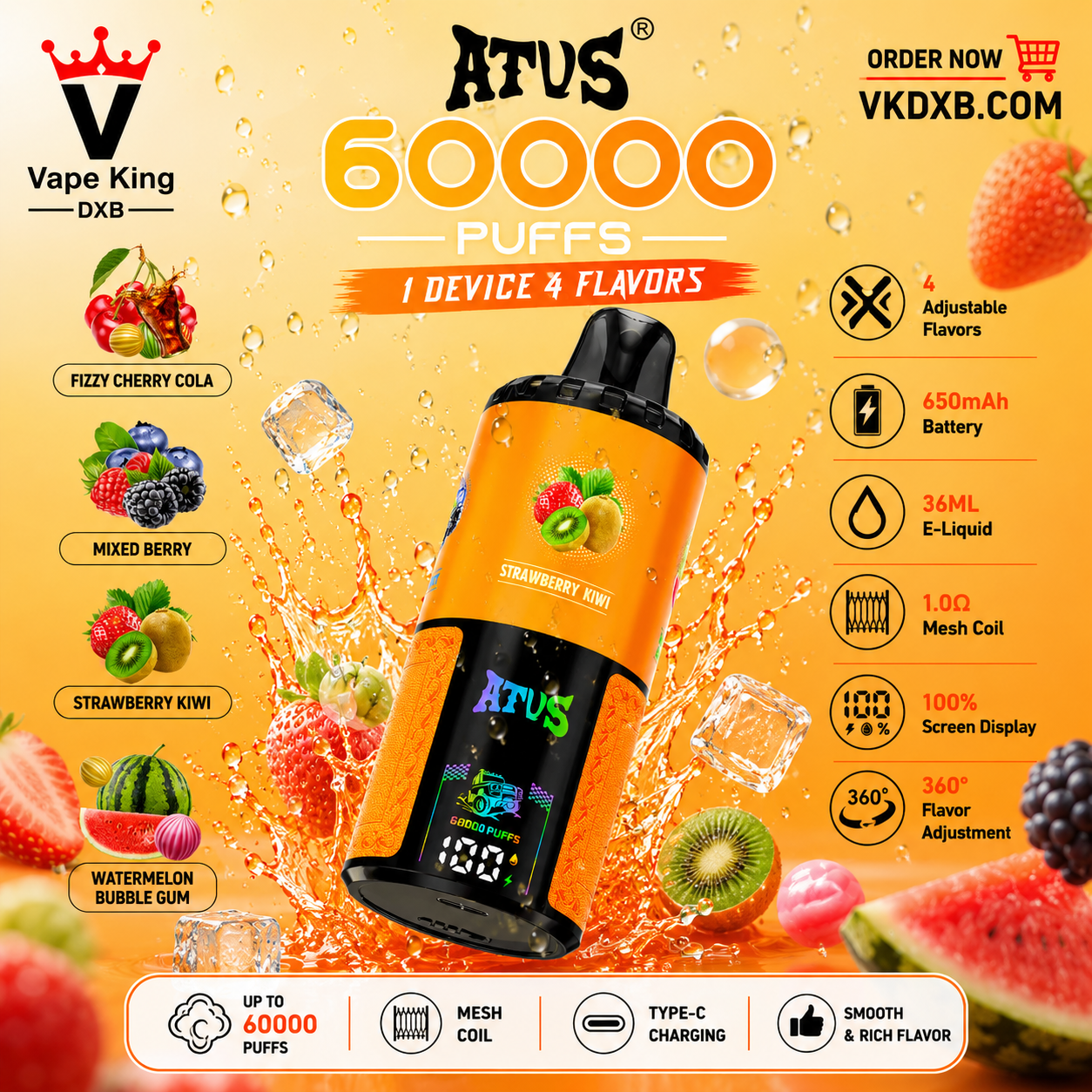 ATVS 60000 Puffs disposable vape USB Type-C charging port
