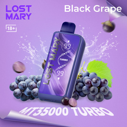 Lost Mary MT35000 Turbo vape device with black grape flavor on a purple background