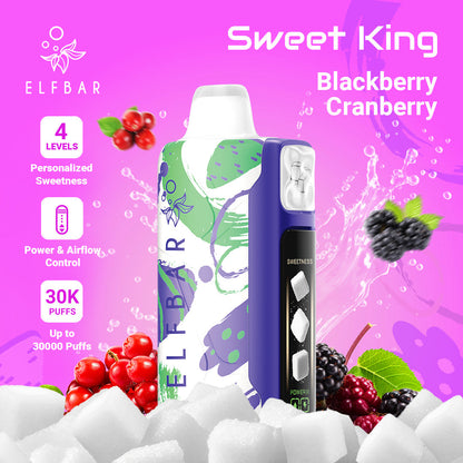 ELF BAR Sweet King Blackberry Cranberry vape device on a pink background with berries and ice cubes.