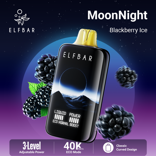 ELF BAR MoonNight Blackberry Ice vape device with blackberries on a dark background