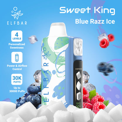 Elfbar Sweet King Blue Razz Ice vape device with blue and white design, surrounded by blueberries, raspberries, and ice cubes on a blue background.