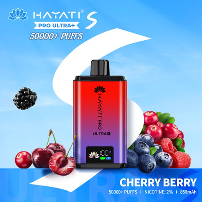 Hayati Pro Ultra+ vape device with cherry berry flavor on a blue background at vape king uae