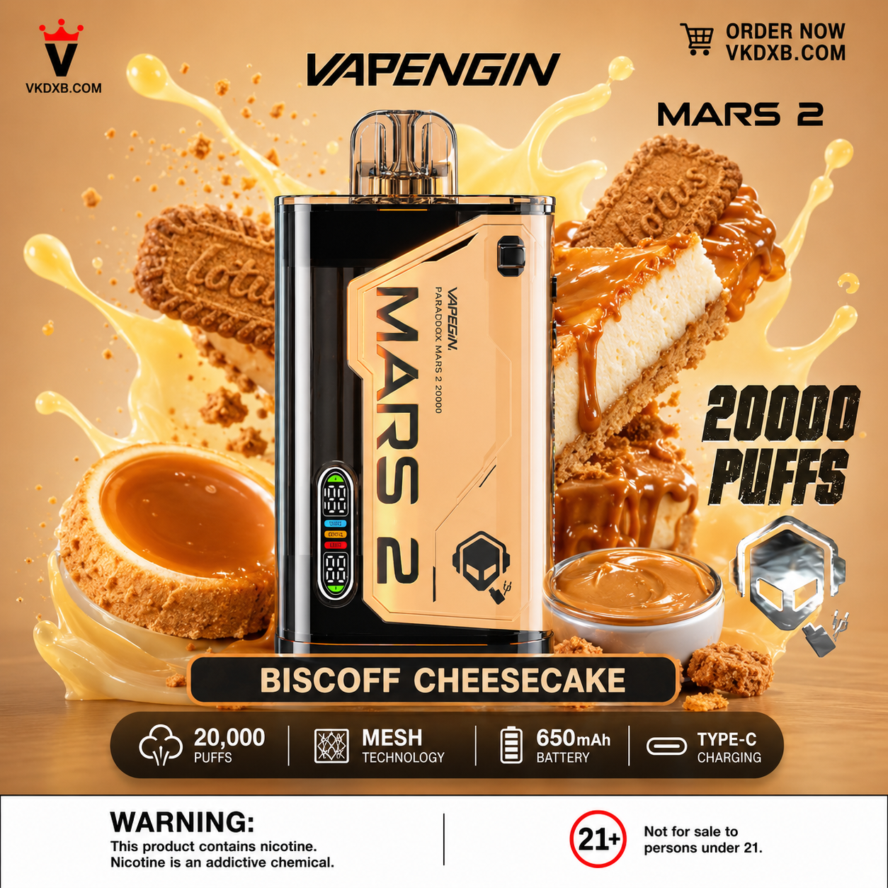 Vapengin Mars 2 Biscoff Cheesecake 20000 Puffs Disposable Vape Dubai UAE