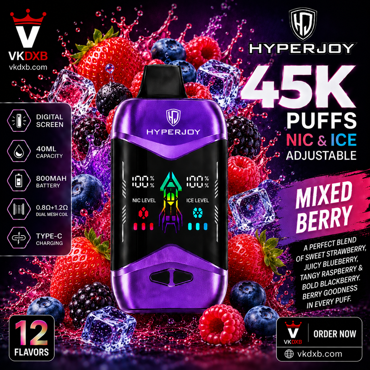 Hyperjoy 45000 Puffs Kiwi Passion Fruit Mixed Berry Flavour – UAE