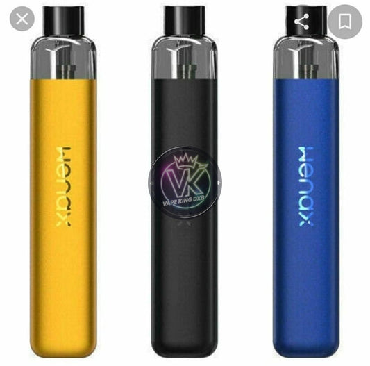 Geekvape Wenax K1 16w Pod Kit in yellow, black, and blue with sleek portable design and 600mAh battery.