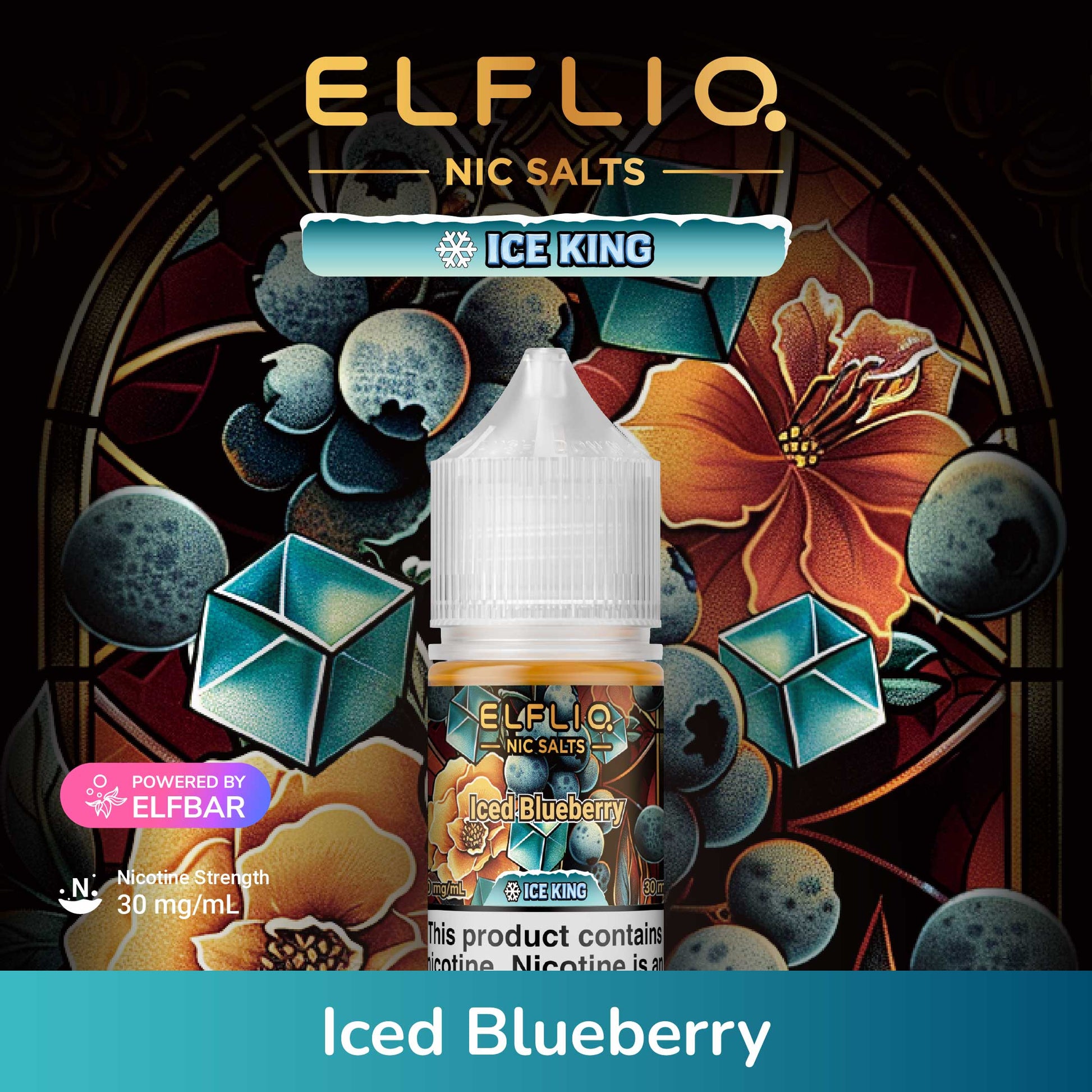 Elfliq Nic Salts Ice King Iced Blueberry vape juice bottle with decorative background
