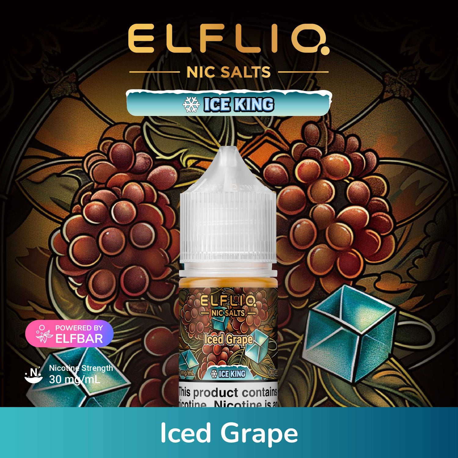 Elfliq Nic Salts Ice King Iced Grape flavor bottle with grapes and ice cubes on a decorative background.