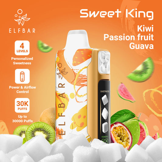 Elf Bar vape device with fruit graphics and text on an orange background