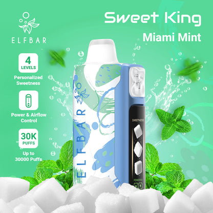 ELF BAR Sweet King Miami Mint vape device with mint leaves and ice cubes on a green background