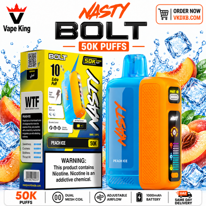 Nasty Bolt 50000 Puffs peach ice Dual Mesh Coil Adjustable Airflow Vape UAE