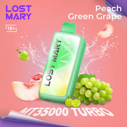 Lost Mary vape device with peach and green grape elements on a pink background