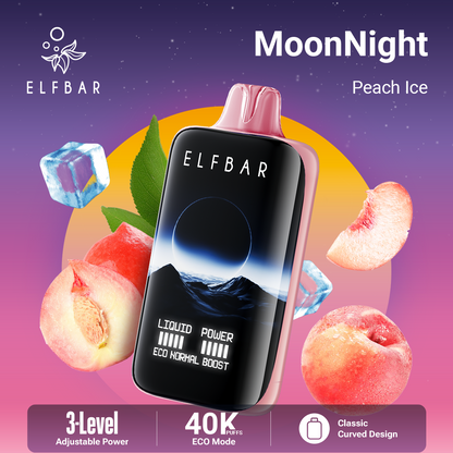 Elfbar vape device with peach ice flavor on a colorful background