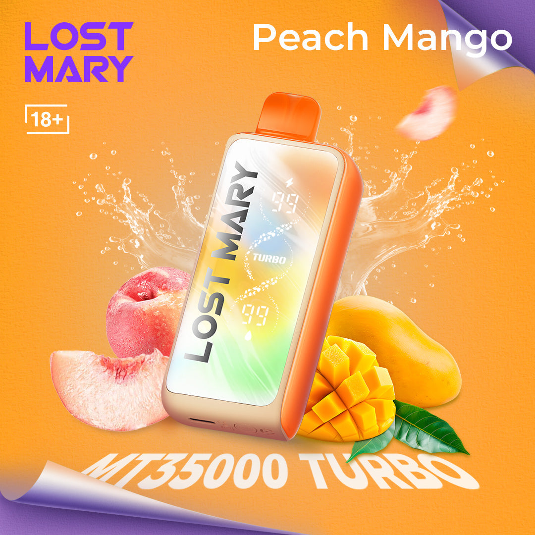 Lost Mary MT35000 Turbo vape device with peach and mango on an orange background