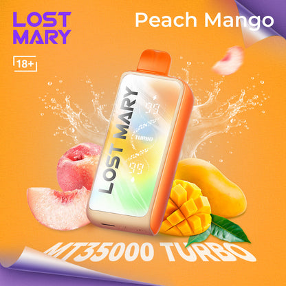 Lost Mary MT35000 Turbo vape device with peach and mango on an orange background