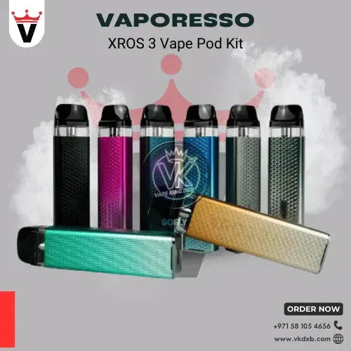 Vaporesso XROS 3 pod kit spec sheet showing 1000mAh battery, COREX technology and adjustable airflow — Vape King DXB