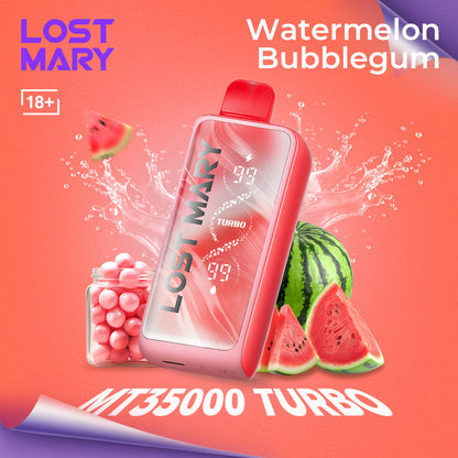 Lost Mary MT35000 Turbo vape device with watermelon and bubblegum elements on a vibrant background.