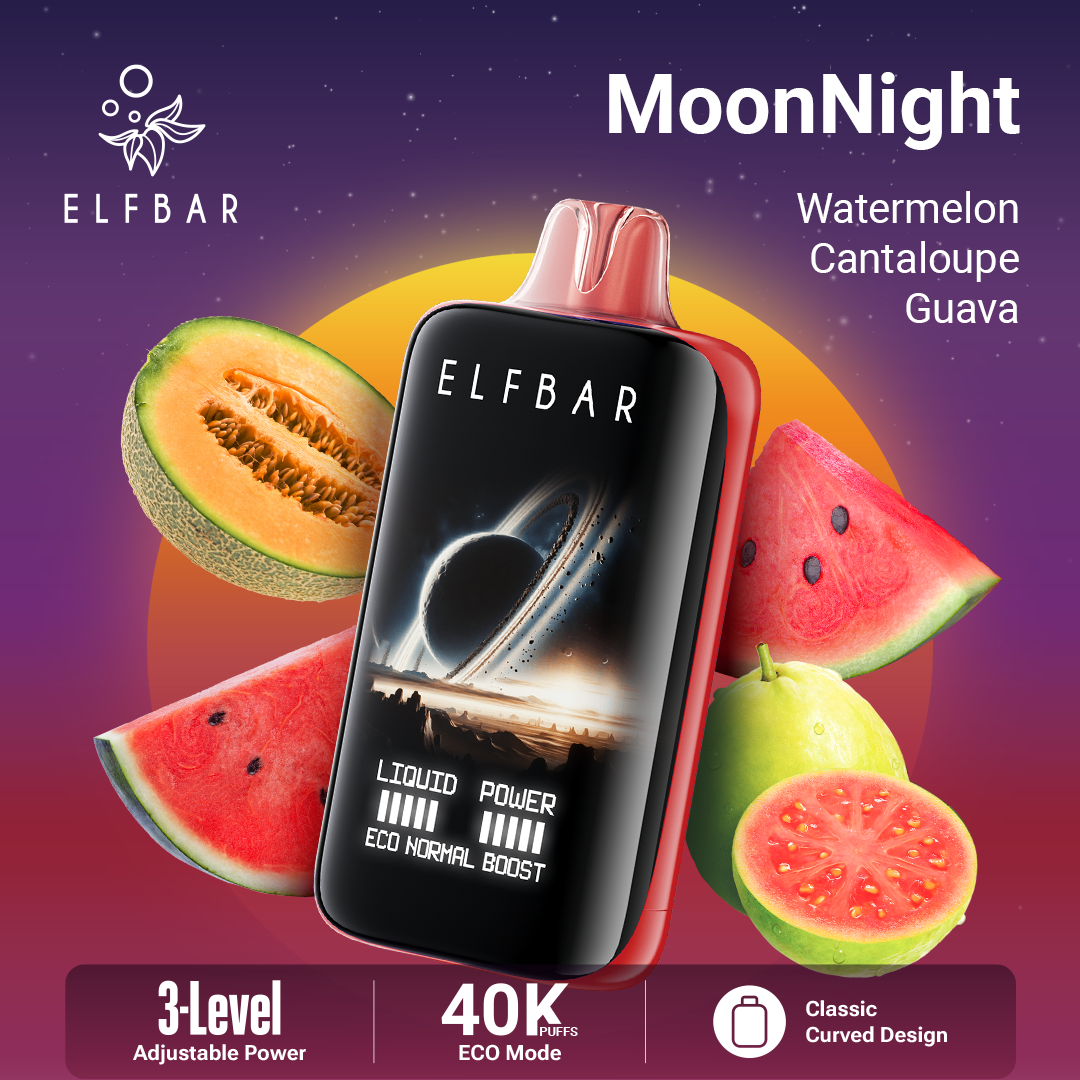 Elfbar vape device with watermelon, cantaloupe, and guava graphics on a colorful background